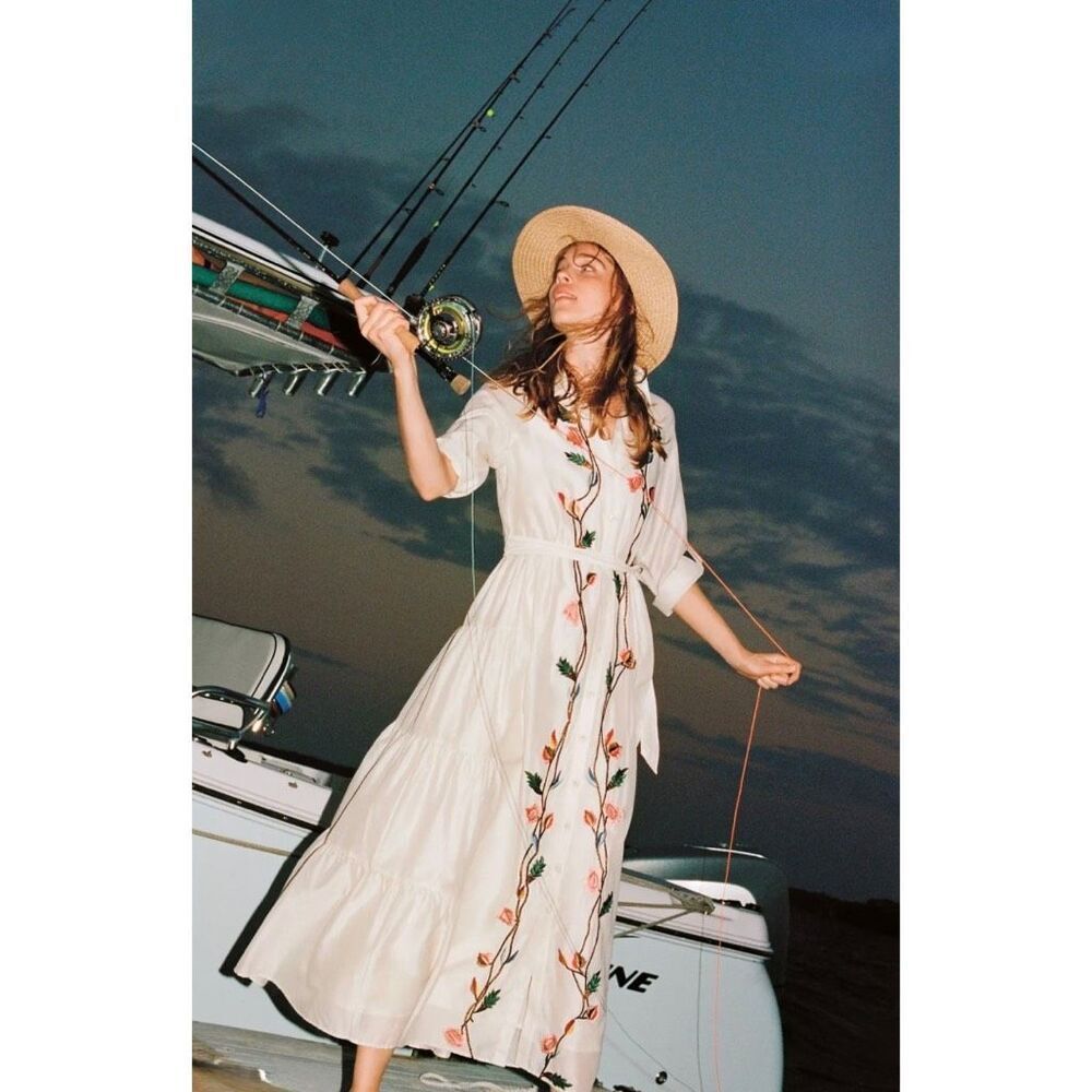 Samant Chauhan White Floral Embroidered Maxi Shirt Dress Tie Waist Boho Size 6